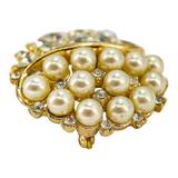 Crown Trifari Patent Pending Round Brooch - Faux Pearl And Clear Rhinestones 1.25” – Collectible vintage designer item
