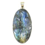 Large Oval Labradorite Cabochon Pendant With Carved Leaves 2.25" – Estate Find