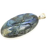 Large Oval Labradorite Cabochon Pendant With Carved Leaves 2.25" – Estate Find