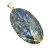 Large Oval Labradorite Cabochon Pendant With Carved Leaves 2.25" – Estate Find