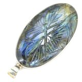 Large Oval Labradorite Cabochon Pendant With Carved Leaves 2.25" – Estate Find
