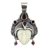 Y2K Balinese 925 Sterling Silver Garnet Carved Goddess Face Pendant 1.5" – Studio made / small batch item  - Estate find
