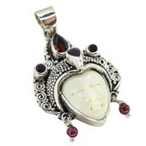 Y2K Balinese 925 Sterling Silver Garnet Carved Goddess Face Pendant 1.5" – Studio made / small batch item  - Estate find