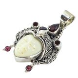 Y2K Balinese 925 Sterling Silver Garnet Carved Goddess Face Pendant 1.5" – Studio made / small batch item  - Estate find