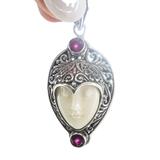 Carved White Coral Face Mask Pendant In Ornate Sterling Silver Setting – Studio made / small batch item  - Estate find