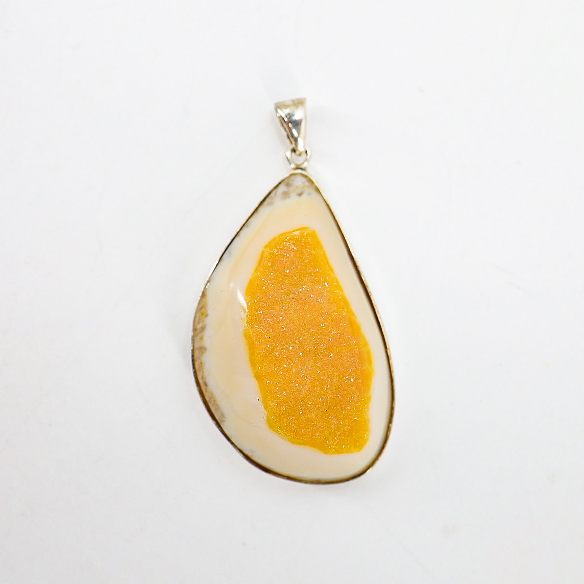 Yellow Druzy Agate Organic Freeform Modernist Pendant in Sterling Silver