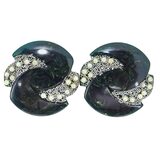 Blue Moon Bakelite & Faux Pearls Pierced Earrings Marbled Swirls Translucent Green – Rare collectible vintage item 