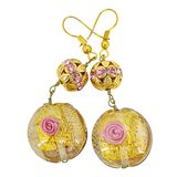 Gold Foil And Latticino Murano Style Art Glass Bead Earrings With Pink Accents – Rare Vintage Item