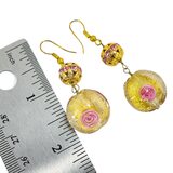 Gold Foil And Latticino Murano Style Art Glass Bead Earrings With Pink Accents – Rare Vintage Item
