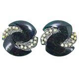 Blue Moon Bakelite & Seed Pearls Large Pierced Earrings Marbled Swirls Translucent Spinach Green – Rare collectible vintage item 