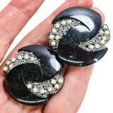 Blue Moon Bakelite & Seed Pearls Large Pierced Earrings Marbled Swirls Translucent Spinach Green – Rare collectible vintage item 