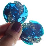Blue Moon Bakelite & Seed Pearls Large Pierced Earrings Marbled Swirls Translucent Spinach Green – Rare collectible vintage item 