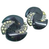 Blue Moon Bakelite & Seed Pearls Large Pierced Earrings Marbled Swirls Translucent Spinach Green – Rare collectible vintage item 