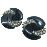 Blue Moon Bakelite & Seed Pearls Large Pierced Earrings Marbled Swirls Translucent Spinach Green – Rare collectible vintage item 