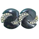 Blue Moon Bakelite & Seed Pearls Large Pierced Earrings Marbled Swirls Translucent Spinach Green – Rare collectible vintage item 