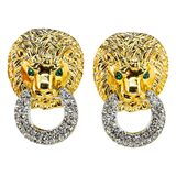 KJL Lion Rhinestone Door Knocker Green Eyes Clip On Earrings – Collectible vintage designer item