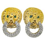 KJL Lion Rhinestone Door Knocker Green Eyes Clip On Earrings – Collectible vintage designer item