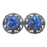 Relios Lapis Lazuli In Sterling Silver Earrings - Round Studs - Floral Scroll Border – Collectible vintage item