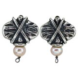 Artisan Brutalist Modernist Sterling Silver Pearl Earrings 10.3g Unmarked Tested – Studio made / small batch item  - Estate find