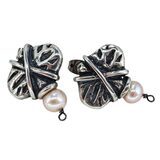 Artisan Brutalist Modernist Sterling Silver Pearl Earrings 10.3g Unmarked Tested – Studio made / small batch item  - Estate find