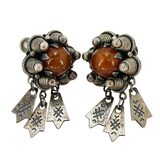 Vintage Norwegian Bunad Solje Silver Earrings With Amber And Lauv Dangles – Rare collectible vintage item 