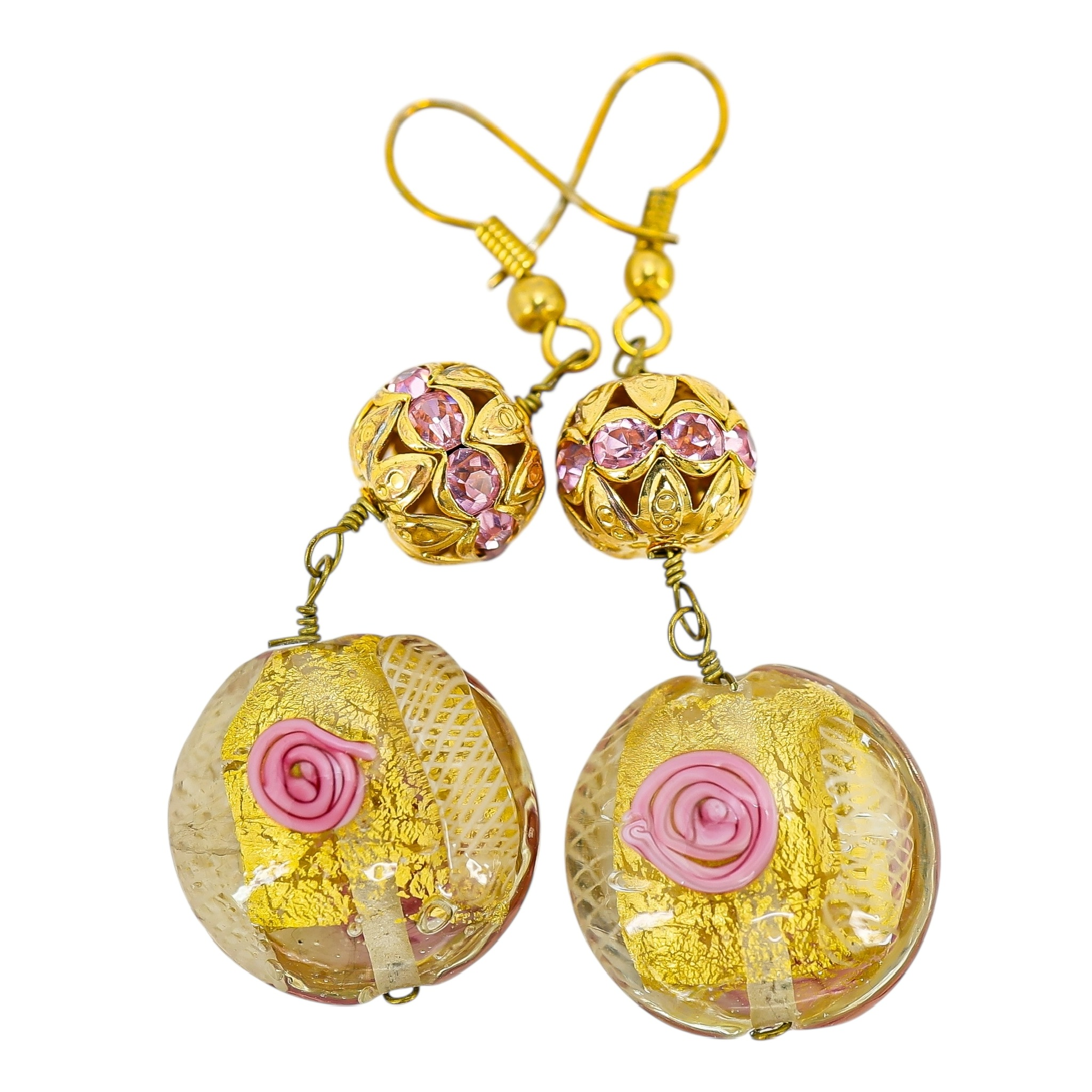Murano Style Art Glass Bead Earrings - Gold Foil, Latticino Threads, Pink Accents - 2 in