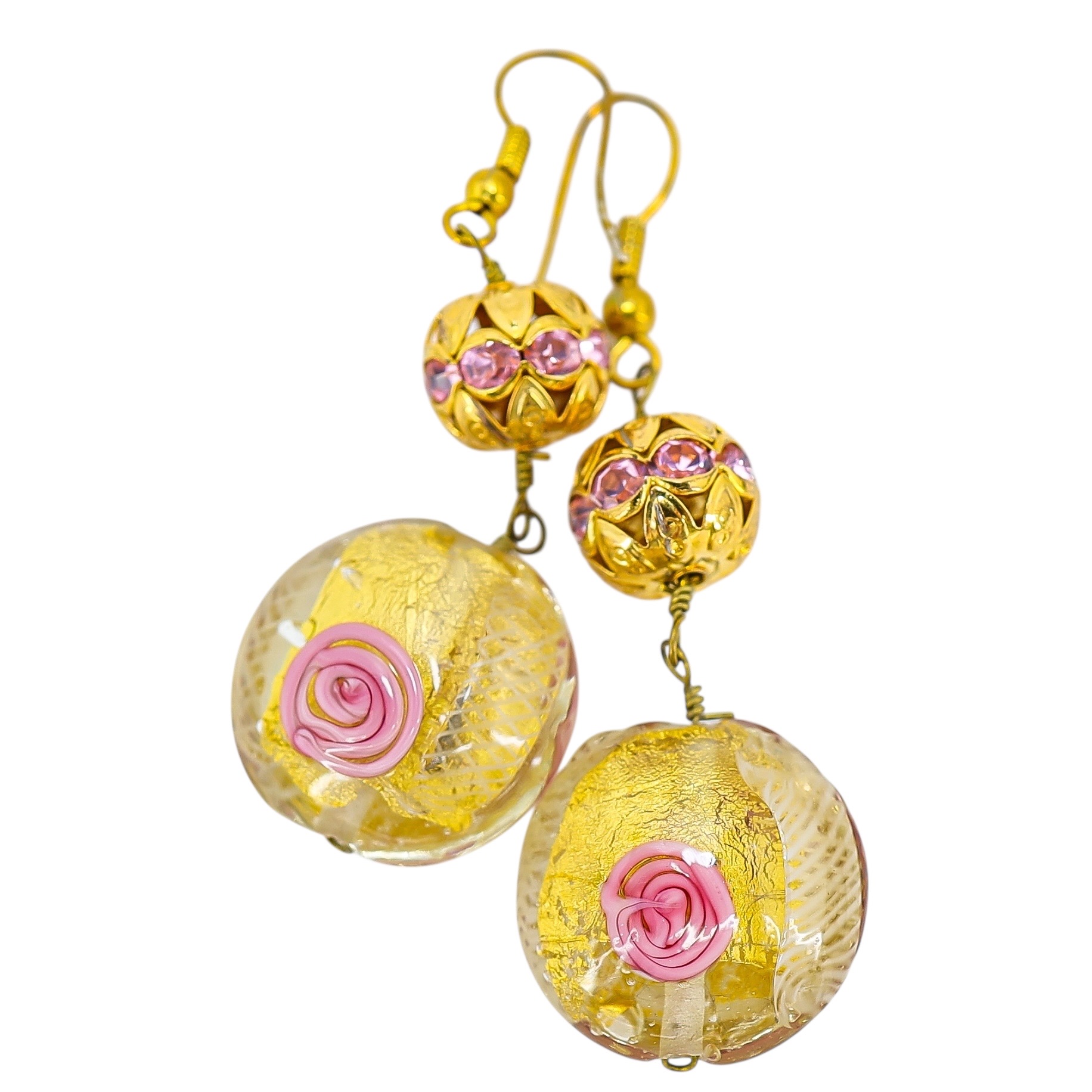 Murano Style Art Glass Bead Earrings - Gold Foil, Latticino Threads, Pink Accents - 2 in image 2