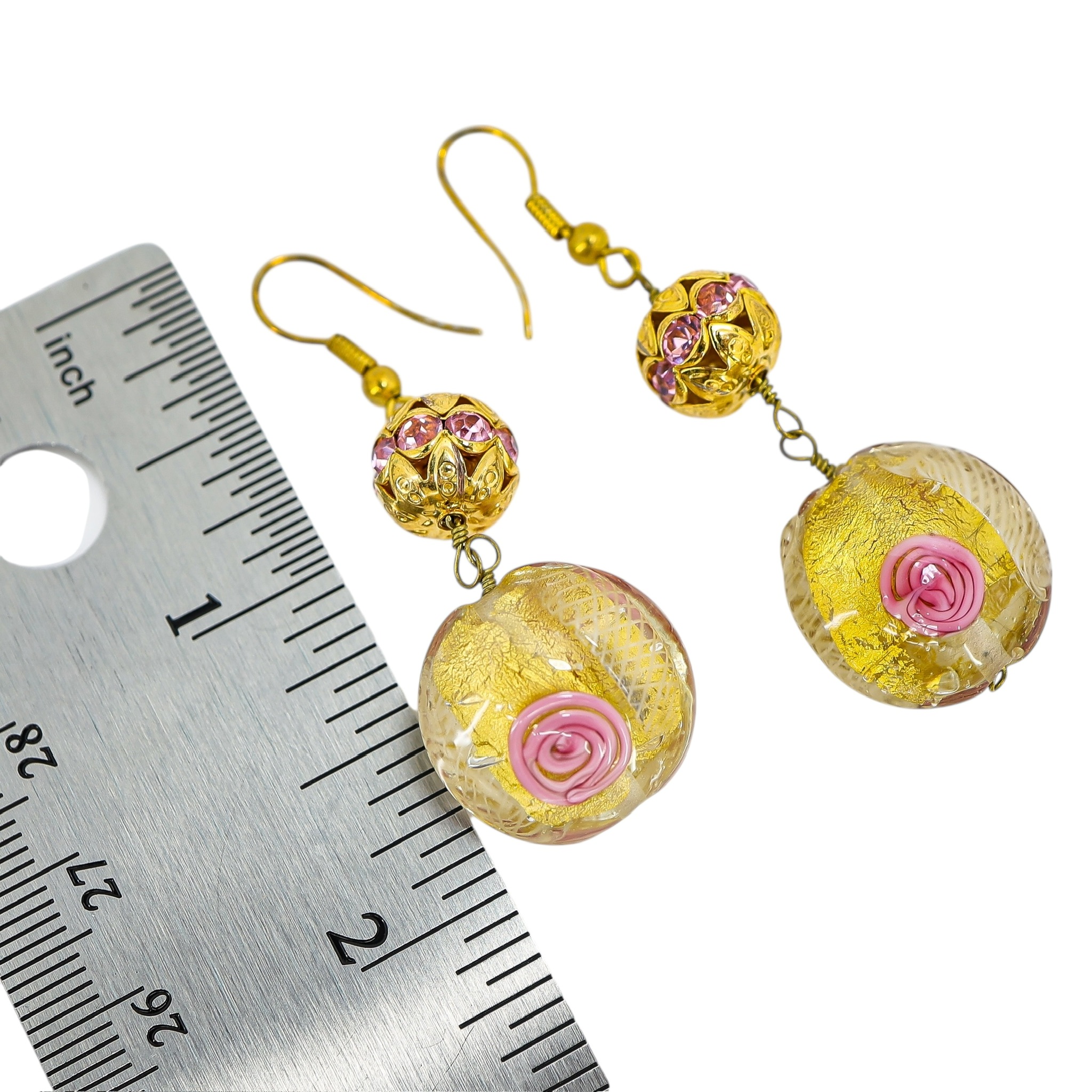 Murano Style Art Glass Bead Earrings - Gold Foil, Latticino Threads, Pink Accents - 2 in image 3