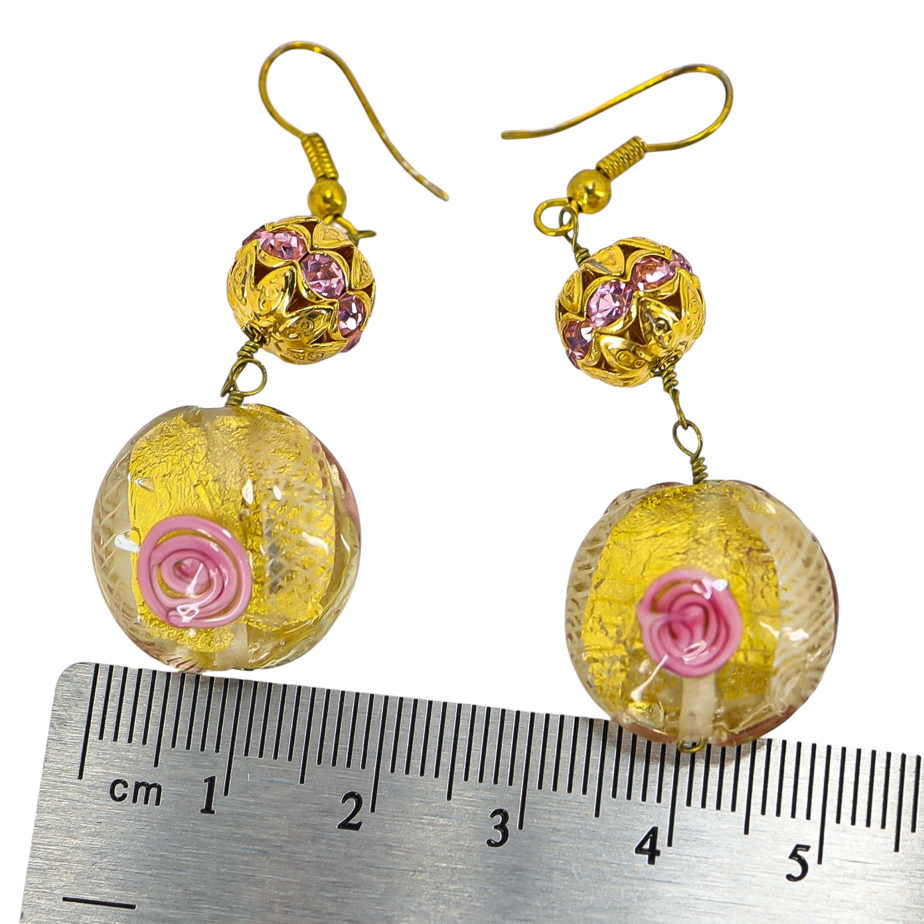 Murano Style Art Glass Bead Earrings - Gold Foil, Latticino Threads, Pink Accents - 2 in image 4