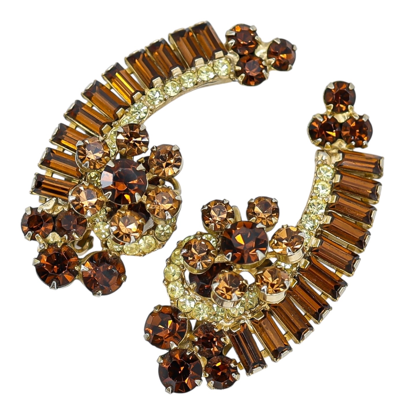 Juliana D&E 2” Topaz & Light Green Rhinestone Crescent Clip Earrings Vintage 5290 Style image 2