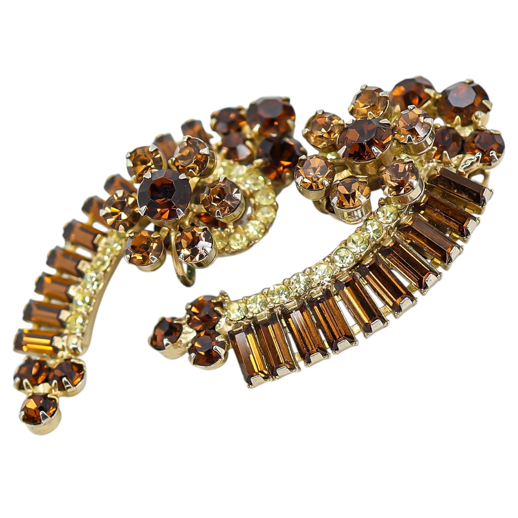 Juliana D&E 2” Topaz & Light Green Rhinestone Crescent Clip Earrings Vintage 5290 Style image 3