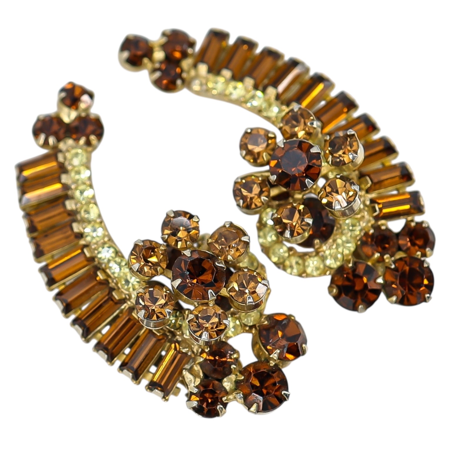 Juliana D&E 2” Topaz & Light Green Rhinestone Crescent Clip Earrings Vintage 5290 Style image 4