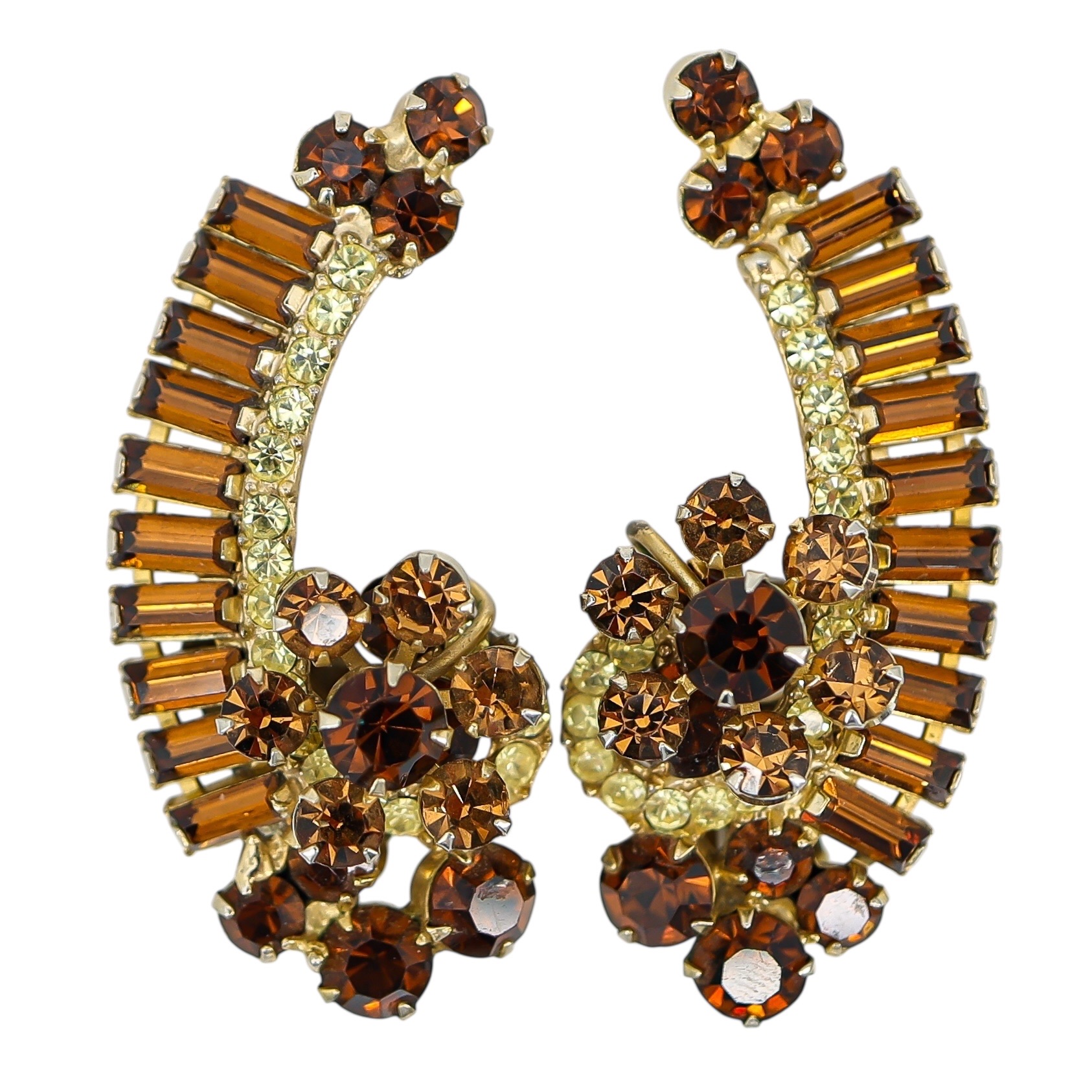 Juliana D&E 2” Topaz & Light Green Rhinestone Crescent Clip Earrings Vintage 5290 Style image 12