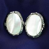Whiting & Davis Mother Of Pearl Oval Clip Earrings In Ornate Silver Tone Setting – Collectible vintage designer item