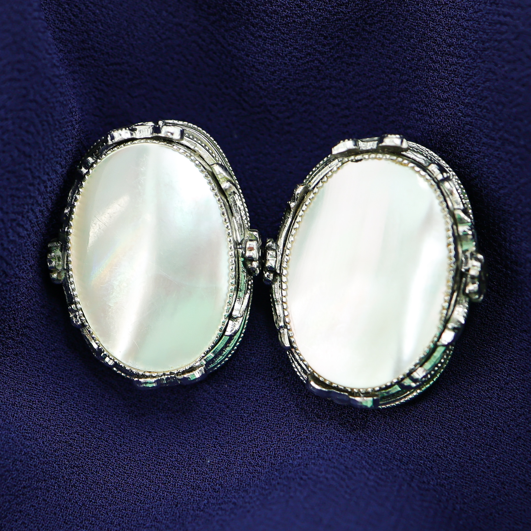 Large Whiting & Davis Mother Of Pearl Oval Earrings In Ornate Silver Tone Setting