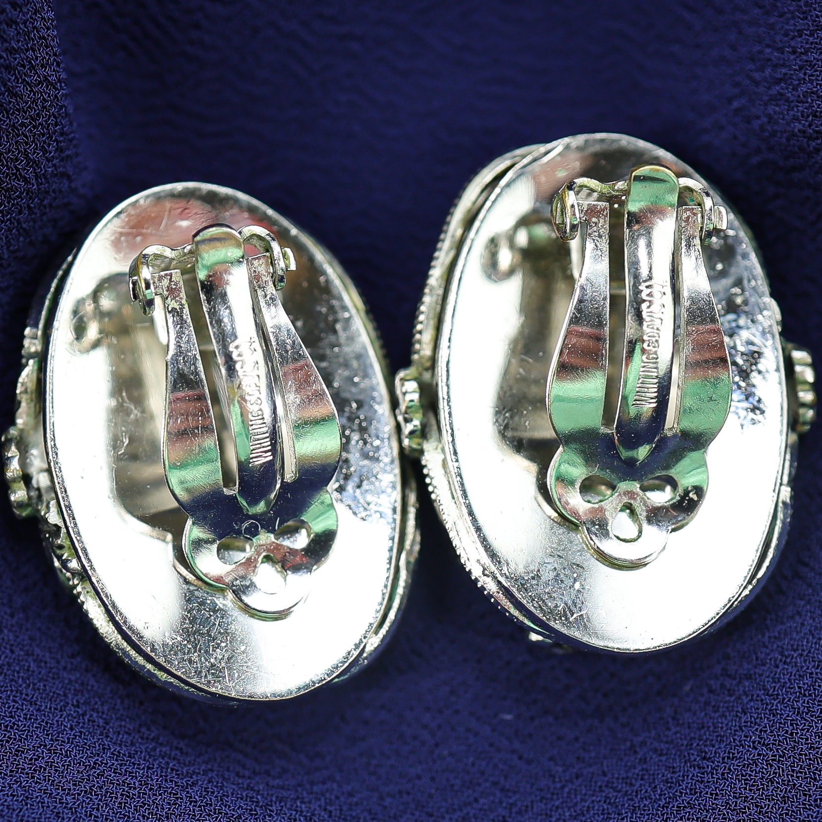 Large Whiting & Davis Mother Of Pearl Oval Earrings In Ornate Silver Tone Setting image 2