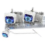 Vintage Dante Electric Blue Rivoli Glass Cufflinks Tie Tack Set Silver Tone Signed – Collectible vintage designer item