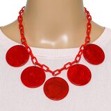 Vintage Bakelite MOD Red Disk Necklace W Plastic Chain – Geometric Statement – Rare collectible vintage item 