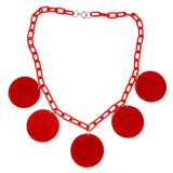 Vintage Bakelite MOD Red Disk Necklace W Plastic Chain – Geometric Statement – Rare collectible vintage item 