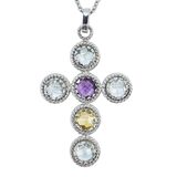 Stainless Steel Pastel Glass Cross Pendant Necklace – Italian Open-Back Setting – Estate Find