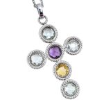 Stainless Steel Pastel Glass Cross Pendant Necklace – Italian Open-Back Setting – Estate Find