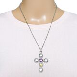 Stainless Steel Pastel Glass Cross Pendant Necklace – Italian Open-Back Setting – Estate Find