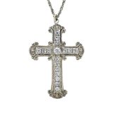 Vintage Open-Back Crystal Cross Necklace, Silver Tone Filigree, Art Deco Revival – Collectible vintage item