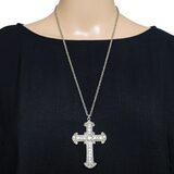 Vintage Open-Back Crystal Cross Necklace, Silver Tone Filigree, Art Deco Revival – Collectible vintage item
