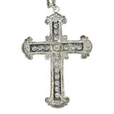 Vintage Open-Back Crystal Cross Necklace, Silver Tone Filigree, Art Deco Revival – Collectible vintage item