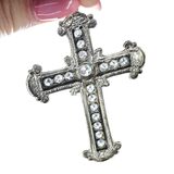 Vintage Open-Back Crystal Cross Necklace, Silver Tone Filigree, Art Deco Revival – Collectible vintage item