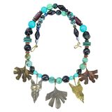 Signed Gicker 1989 Artisan Turquoise Mixed Metal Leaf Art Glass Statement Necklace Studio Craft – Studio made / small batch item  - Estate find