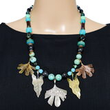 Signed Gicker 1989 Artisan Turquoise Mixed Metal Leaf Art Glass Statement Necklace Studio Craft – Studio made / small batch item  - Estate find