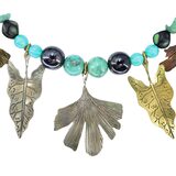 Signed Gicker 1989 Artisan Turquoise Mixed Metal Leaf Art Glass Statement Necklace Studio Craft – Studio made / small batch item  - Estate find