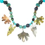 Signed Gicker 1989 Artisan Turquoise Mixed Metal Leaf Art Glass Statement Necklace Studio Craft – Studio made / small batch item  - Estate find
